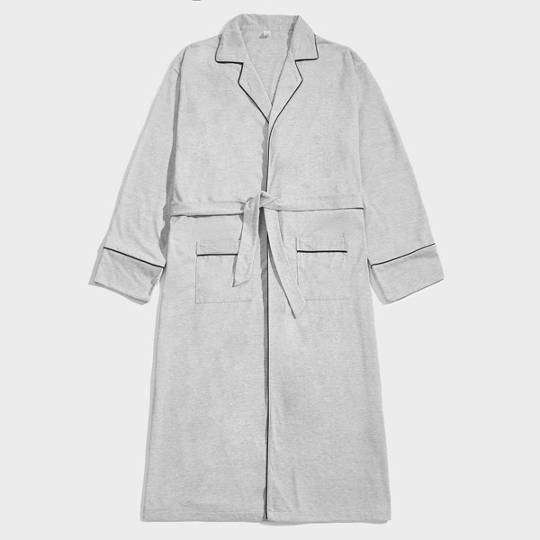 

Men Contrast Binding Dual Pockets Belted Robe, Light grey