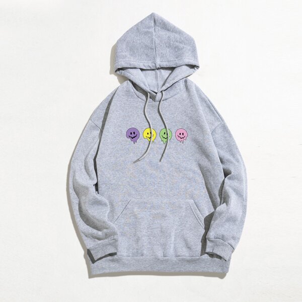 

Graphic Print Kangaroo Pocket Drawstring Thermal Lined Hoodie, Grey