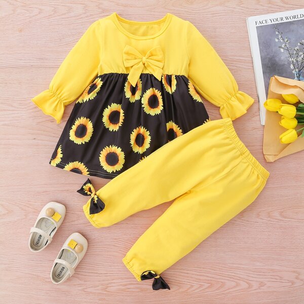 

Baby Sunflower Print Bow Front Flounce Sleeve Top & Pants, Multicolor