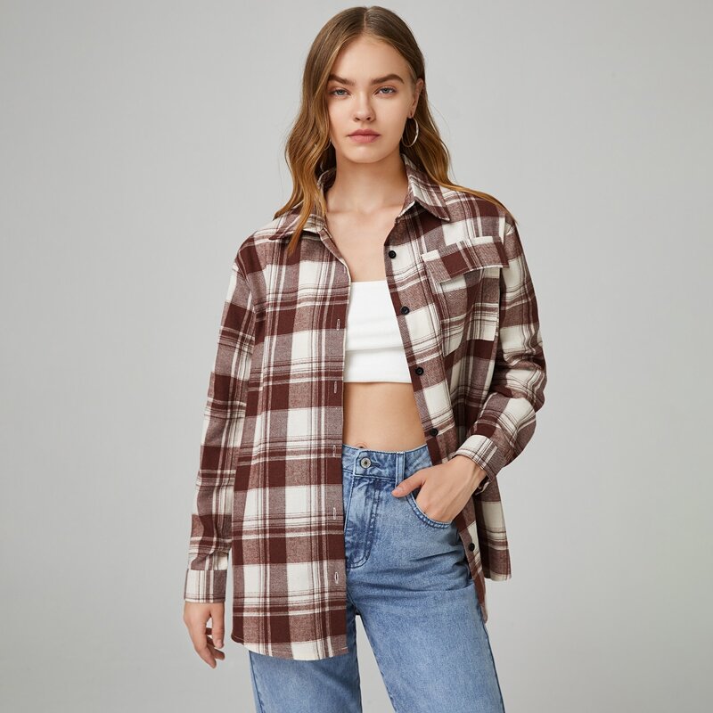 

Plaid Button Front Pocket Blouse, Multicolor