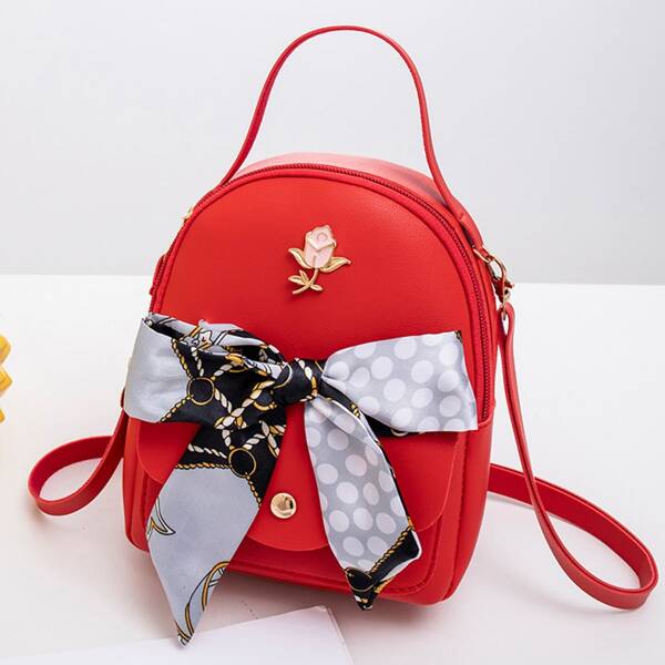

Flower & Scarf Decor Flap Backpack, Red