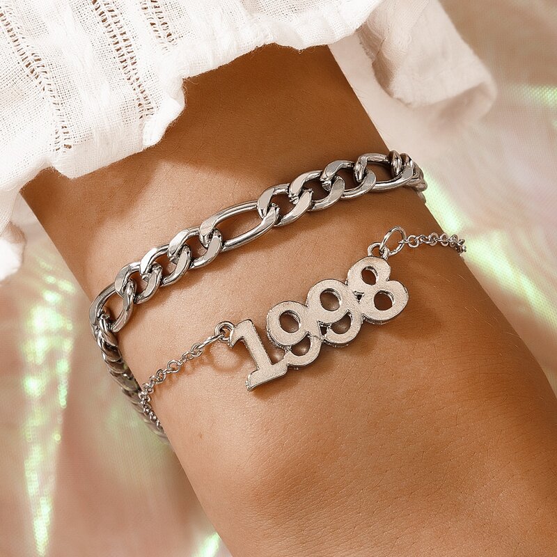 

2pcs Number Decor Chain Bracelet, Silver