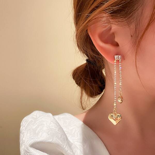

Rhinestone Decor Heart Drop Earrings, Gold