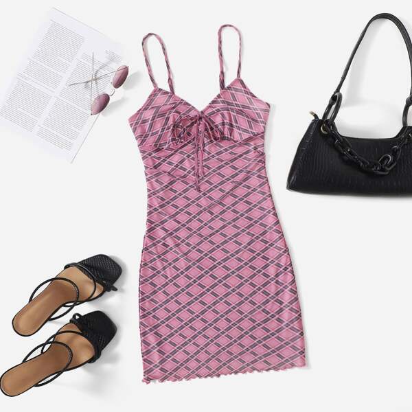 

Plaid Print Tie Front Mesh Cami Bodycon Dress, Multicolor