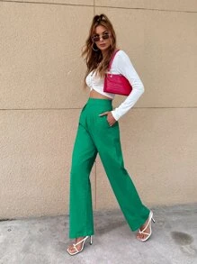 Aveloria Solid High Rise Straight Leg Trousers - Green - View 4