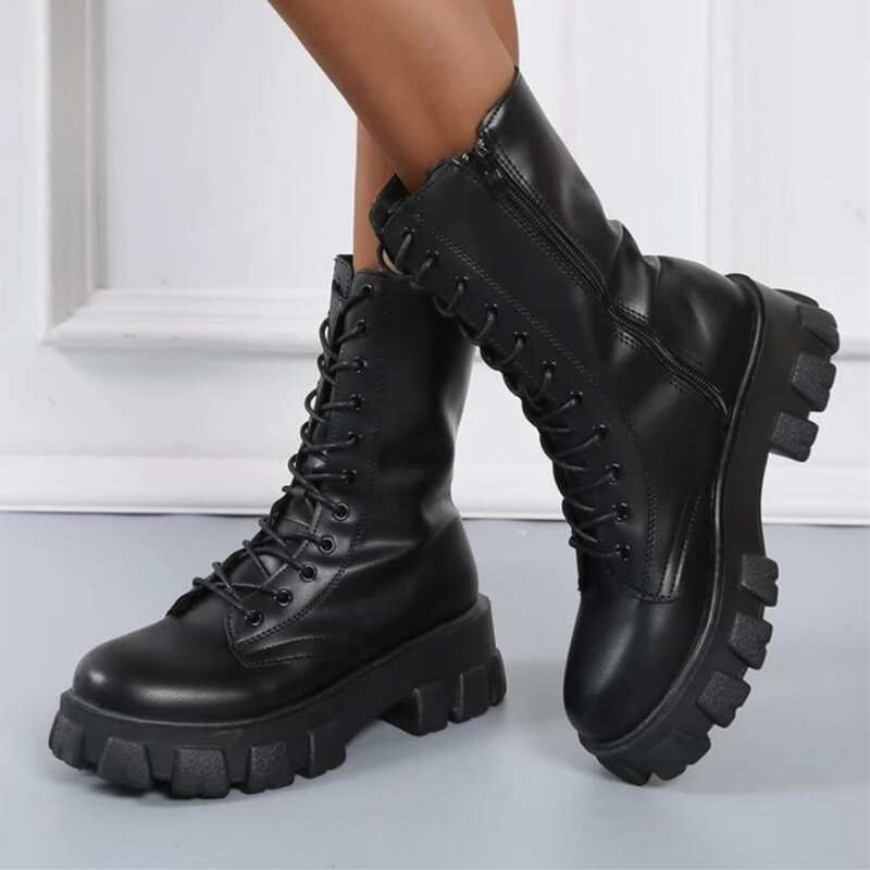 

Side Zipper Lace-up Front Combat Boots, Black