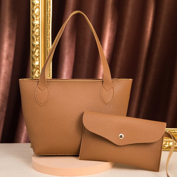 

Litchi Embossed Shoulder Tote Bag With Clutch Bag, Brown