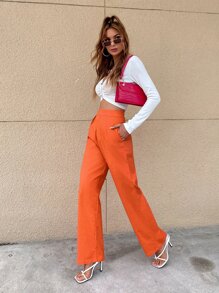 Aveloria Solid High Rise Straight Leg Trousers - Orange - View 4