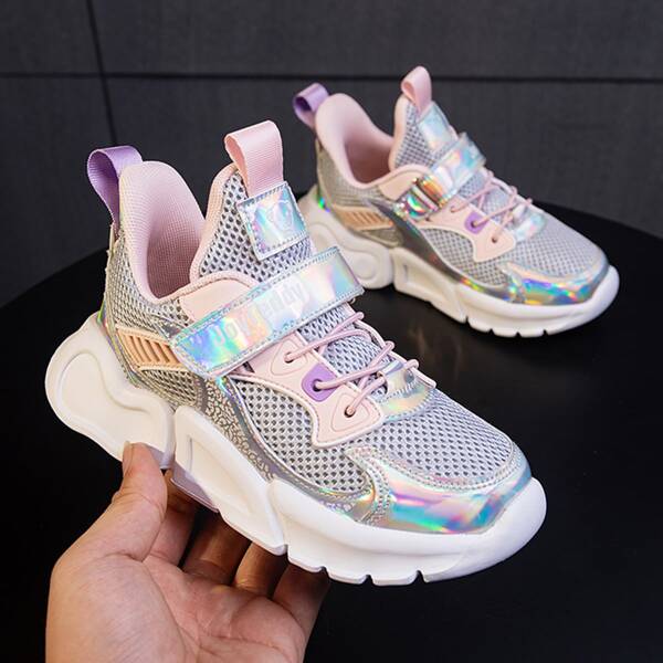 

Girls Holographic Letter Graphic Velcro Strap Sneakers, Silver