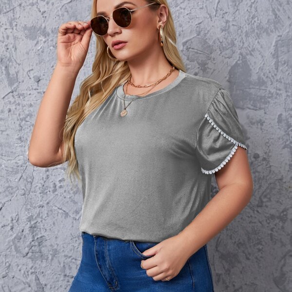 

Plus Contrast Trim Petal Sleeve Tee, Grey