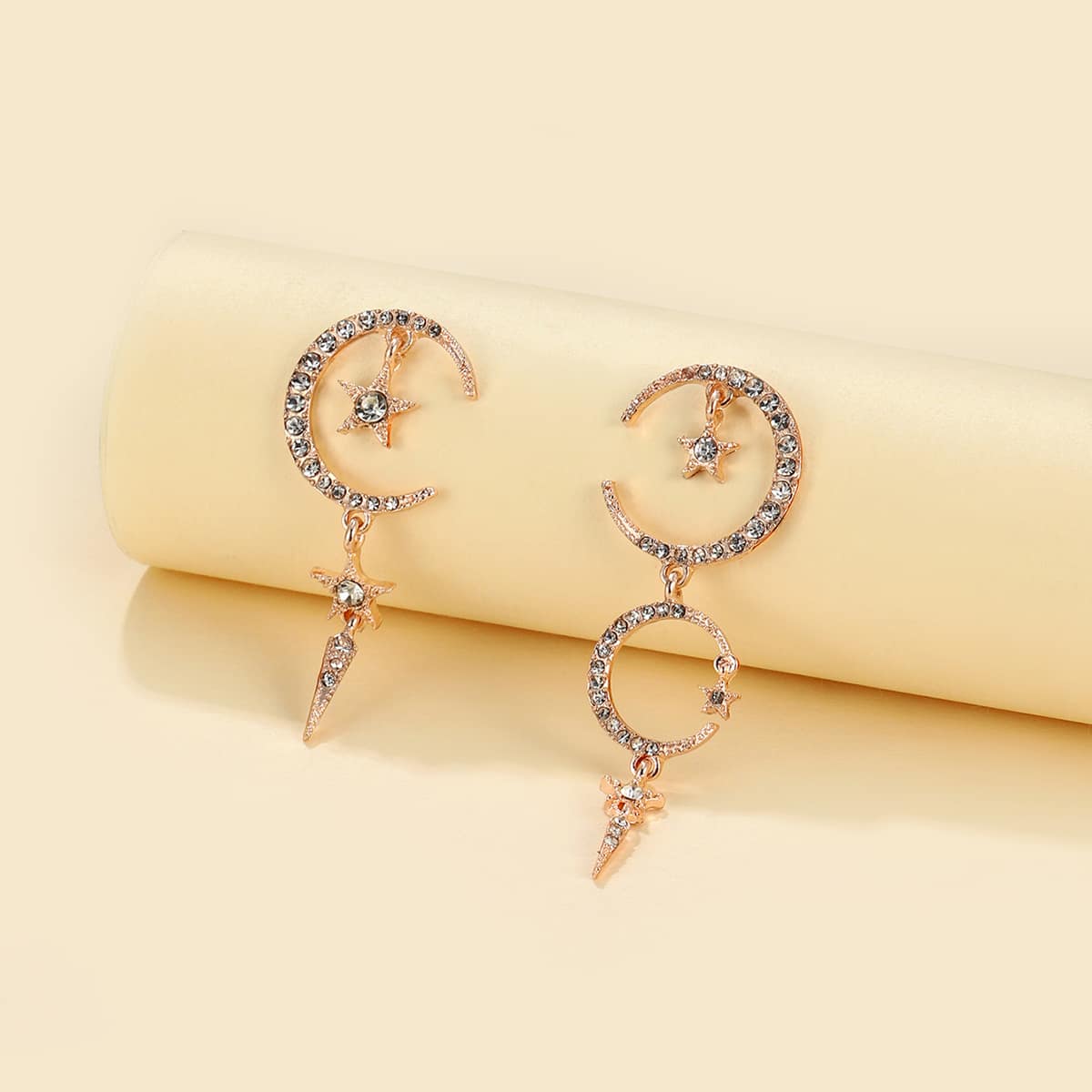 

Rhinestone Star & Moon Drop Earrings, Rose gold