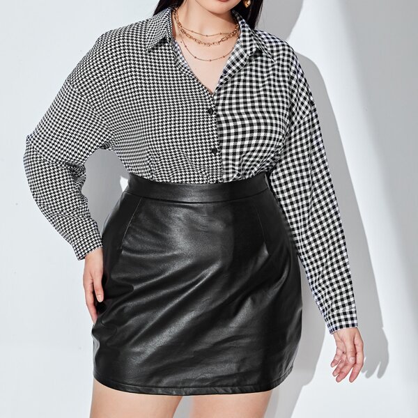 

Plus Houndstooth And Plaid Print Button Front Blouse, Black and white
