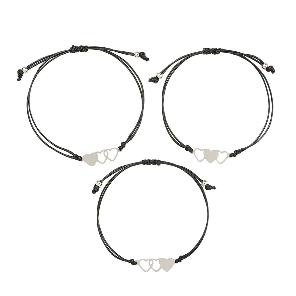 

3pcs Heart Charm Rope Bracelet, Black