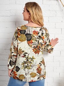 EMERY ROSE Plus Tropical Print V Neck Blouse - Multicolor - View 2