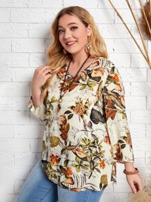 EMERY ROSE Plus Tropical Print V Neck Blouse - Multicolor - View 5