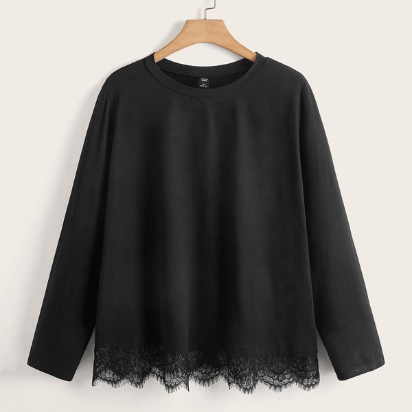

Plus Contrast Lace Round Neck Tee, Black