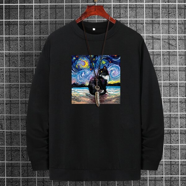

Men Round Neck Cat Print Pullover, Black