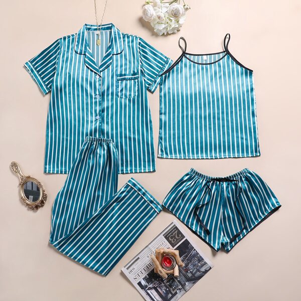 

4pcs Striped Satin Pajama Set, Blue
