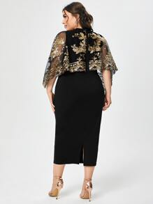 Modelyn Plus Sequin Mesh Split Hem Dress - Black - View 2