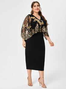 Modelyn Plus Sequin Mesh Split Hem Dress - Black - View 3