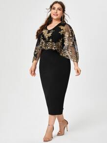 Modelyn Plus Sequin Mesh Split Hem Dress - Black - View 5