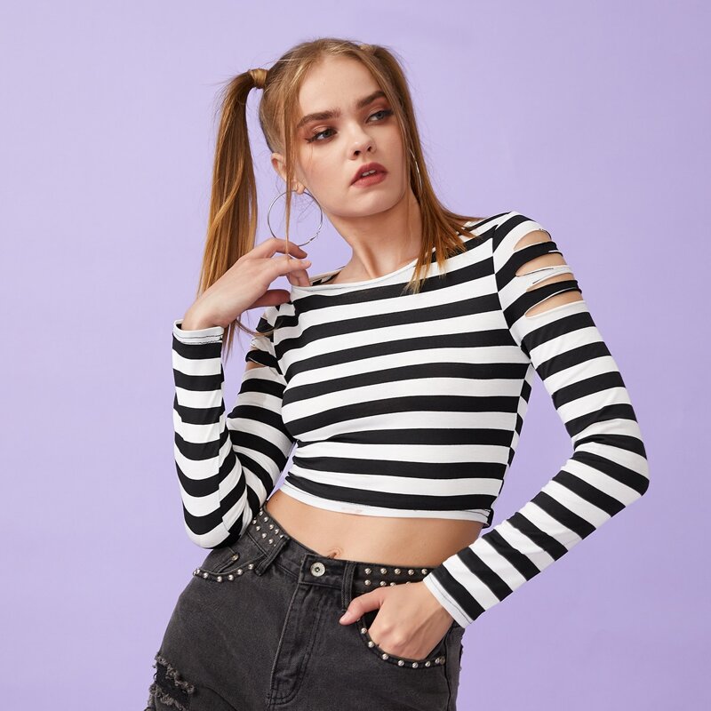 

Striped Ripped Crop Tee, Black and white