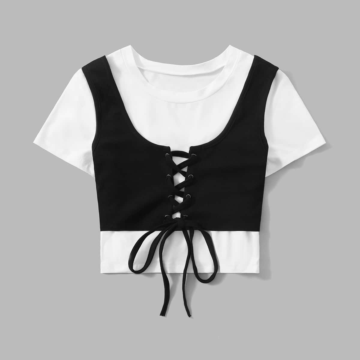 

Solid Crop Tee & Lace Up Tank Top, Black and white