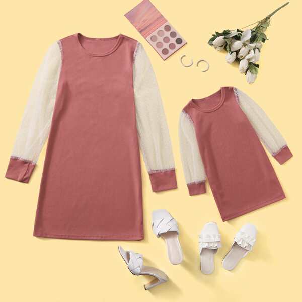 

Toddler Girls Contrast Dobby Mesh Sleeve Dress, Watermelon pink