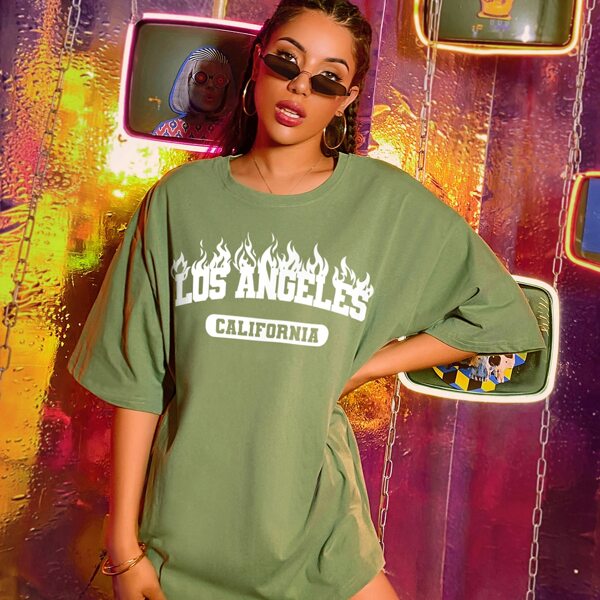 

Fire And Letter Graphic Oversized Tee, Army green