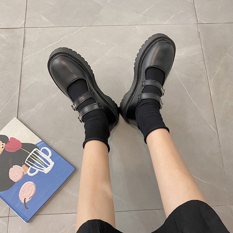 

Double Buckle Platform Mary Janes, Black