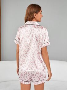 Bộ đồ ngủ satin họa tiết da báo tương phản - Màu Hồng baby - Xem 2