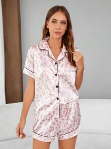 Bộ đồ ngủ satin họa tiết da báo tương phản - Màu Hồng baby - Xem 3