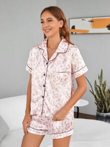 Bộ đồ ngủ satin họa tiết da báo tương phản - Màu Hồng baby - Xem 5