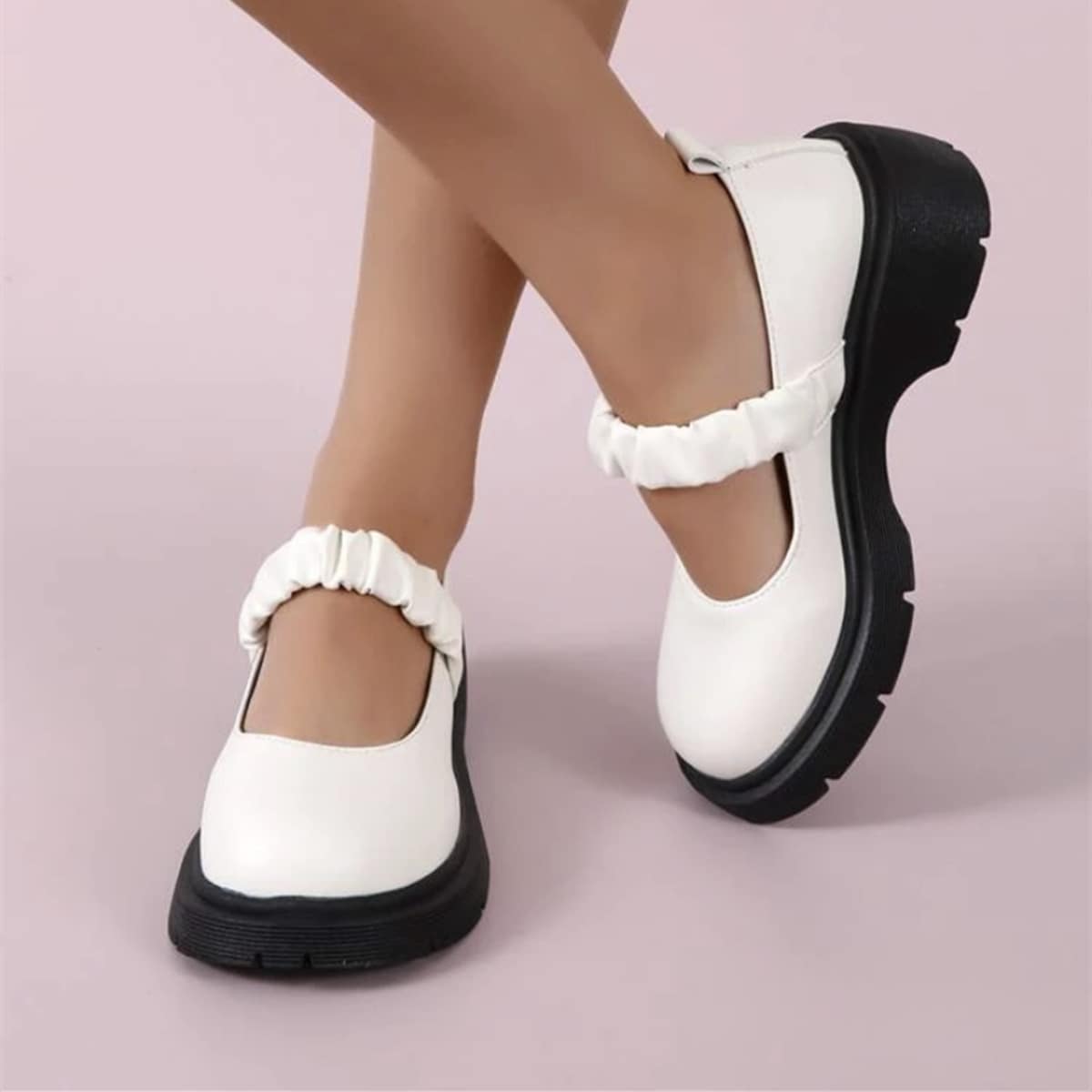 

Ruched Design Platform Mary Janes, White