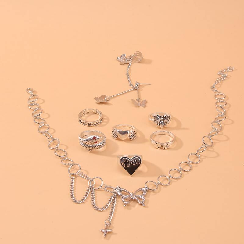 

8pcs Butterfly Decor Jewelry Set, Silver