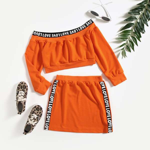 

Girls Letter Tape Panel Off Shoulder Top & Skirt, Orange