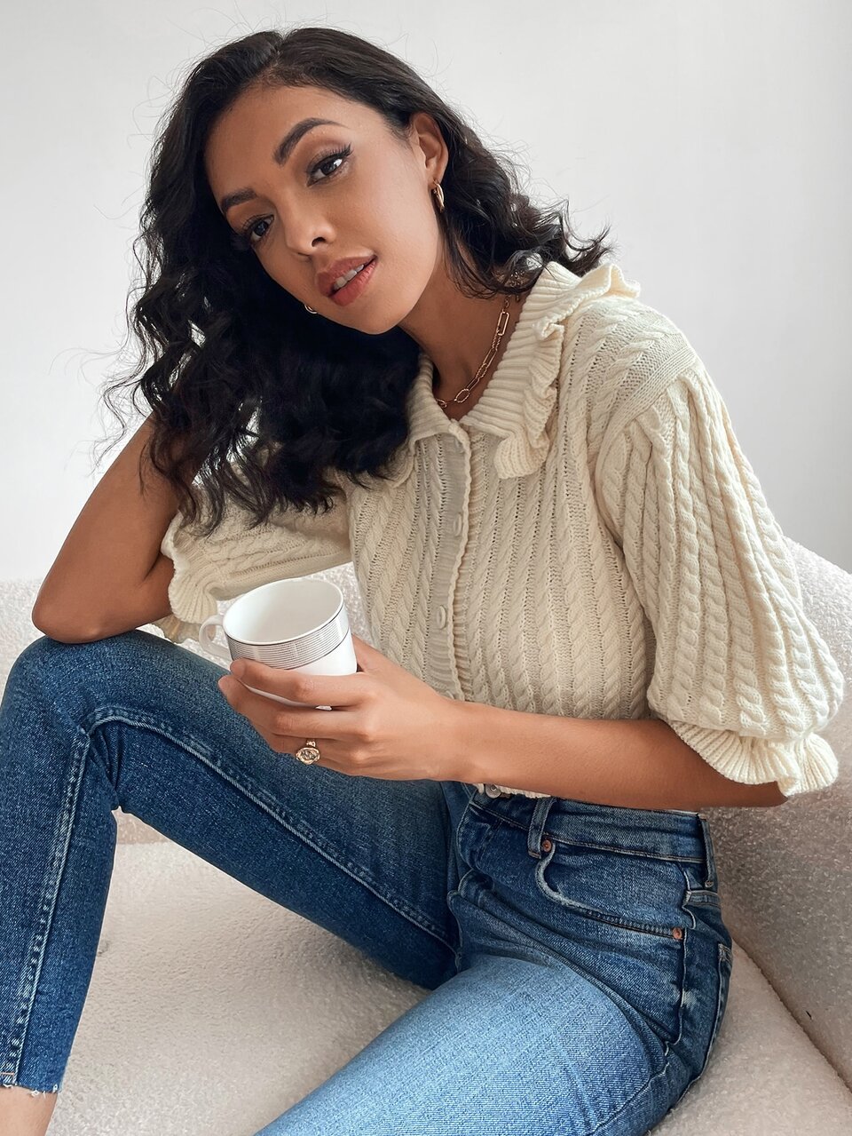 Cable Knit Button Front Crop Cardigan