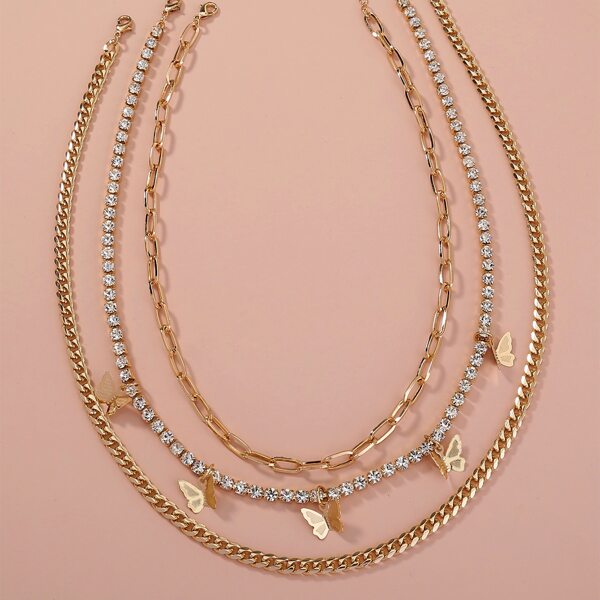 

3pcs Rhinestone Decor Necklace, Gold