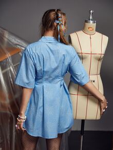 OSHEN Đầm Xù Nút phía trước Đồ họa Thanh lịch - Màu xanh nhạt - Xem 2