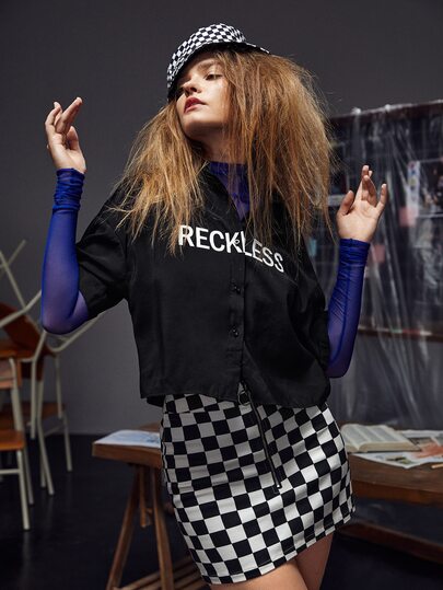 RECKLESS ERICKA Letter Graphic Button Front Blouse Without Sheer Top