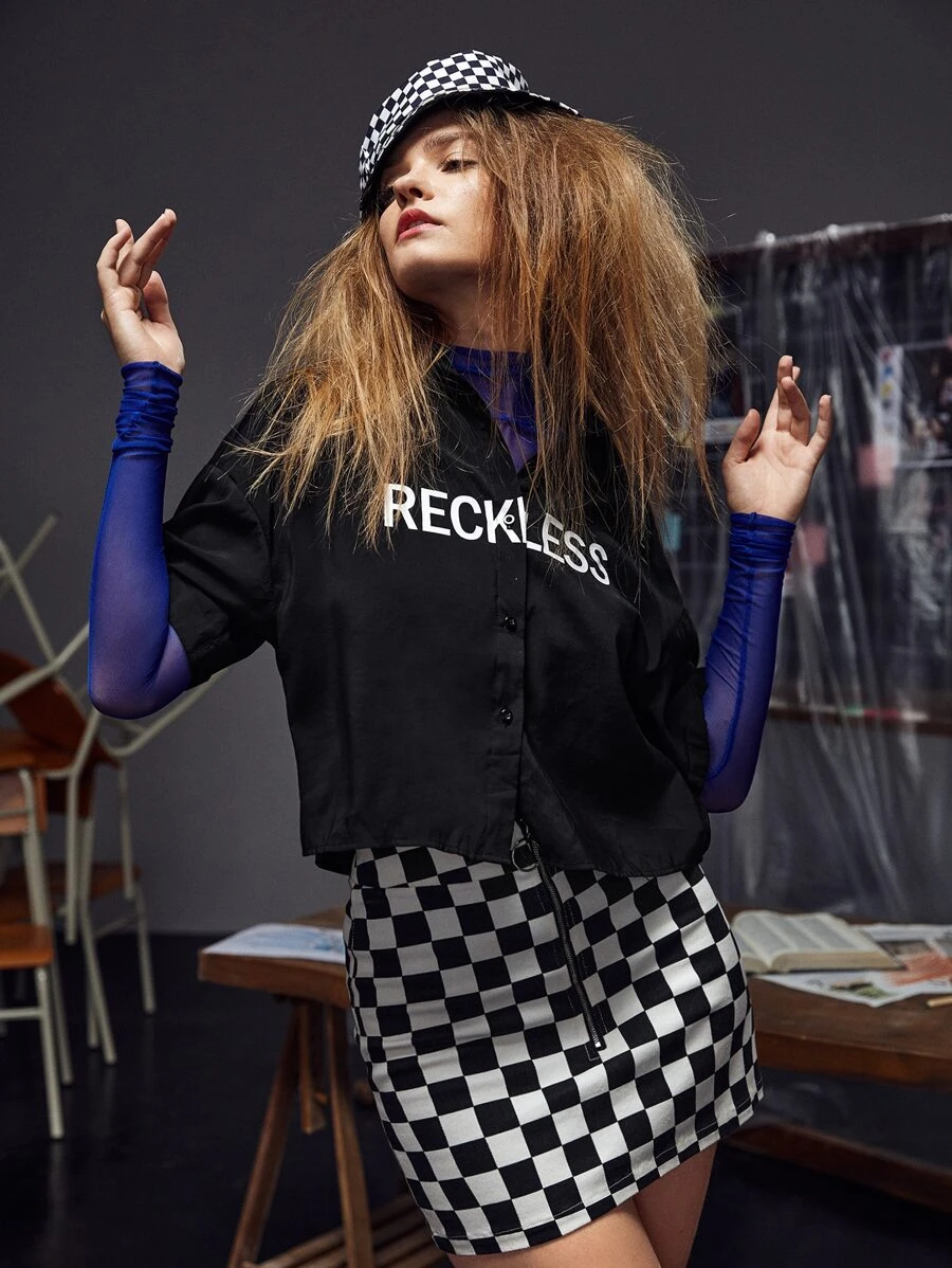 RECKLESS ERICKA Blusa con estampado de letra con botón delantero sin Top transparente - Negro - Ver 1