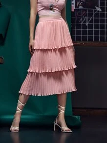 Celeste Tran Solid Layered Pleated Skirt - Coral Pink - View 1