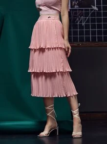Celeste Tran Solid Layered Pleated Skirt - Coral Pink - View 3