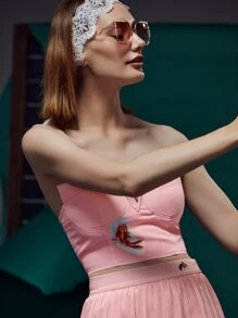 Celeste Tran Fish & Floral Print Notched Crop Tube Top - Baby Pink - View 4