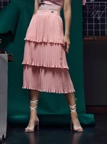 Celeste Tran Solid Layered Pleated Skirt - Coral Pink - View 5