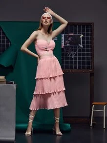 Celeste Tran Fish & Floral Print Notched Crop Tube Top - Baby Pink - View 6