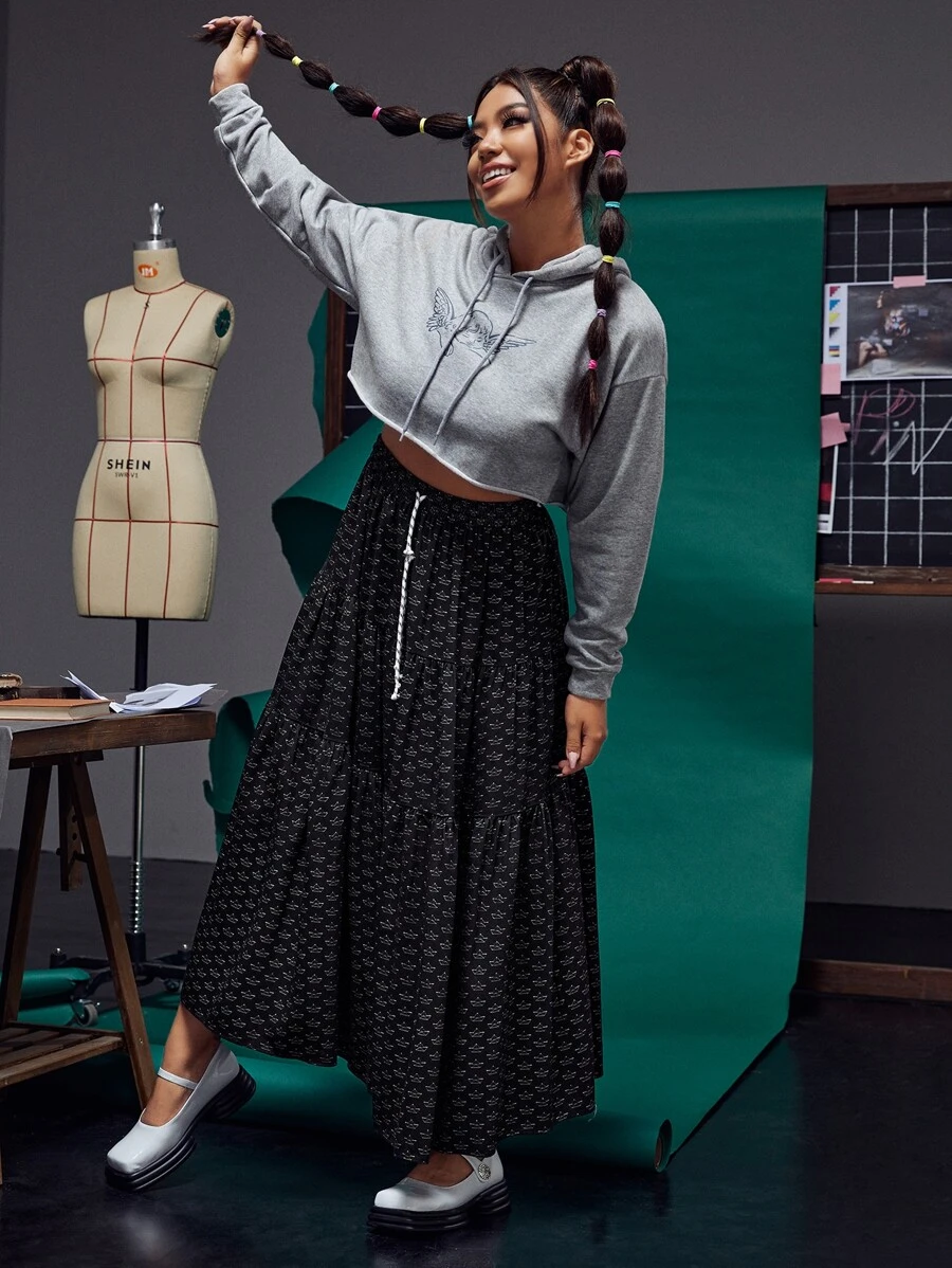 laNODO Plus Allover Boat Print Drawstring Waist Ruffle Hem Skirt - Black - View 1