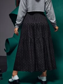 laNODO Plus Allover Boat Print Drawstring Waist Ruffle Hem Skirt - Black - View 2