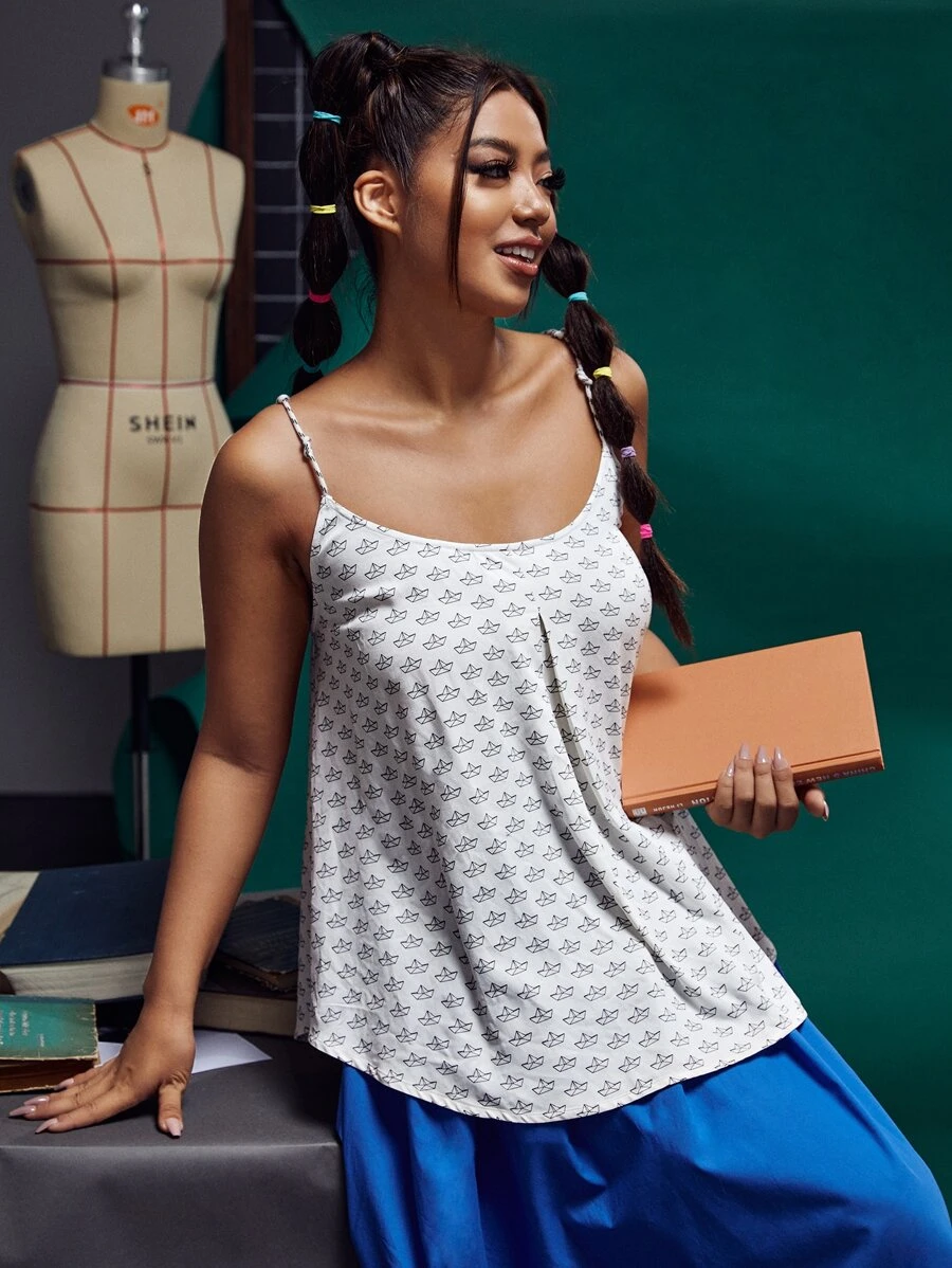 laNODO Plus Allover Boat Print Cami Top - White - View 1