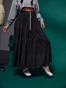laNODO Plus Allover Boat Print Drawstring Waist Ruffle Hem Skirt - Black - View 3
